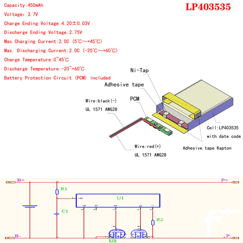Finow Bery-X5 Rechargeable Li Polymer Round Battery, Smart Watch CB, 9g, Remplacer Lem5 avec connecteur de prise, 3.85V, 403535, 450mAh