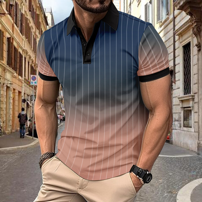 Новая летняя мужская повседневная спортивная мужская рубашка-поло модная цветная рубашка-поло с контрастными пуговицами в полоску спортивная рубашка