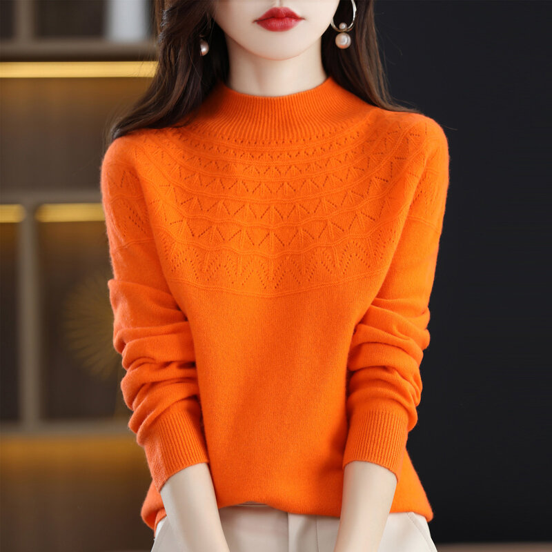 New cashmere sweater in autumn and winter 100% pure wool women's semi-high-necked knitted pullover hollowed-out fashion top