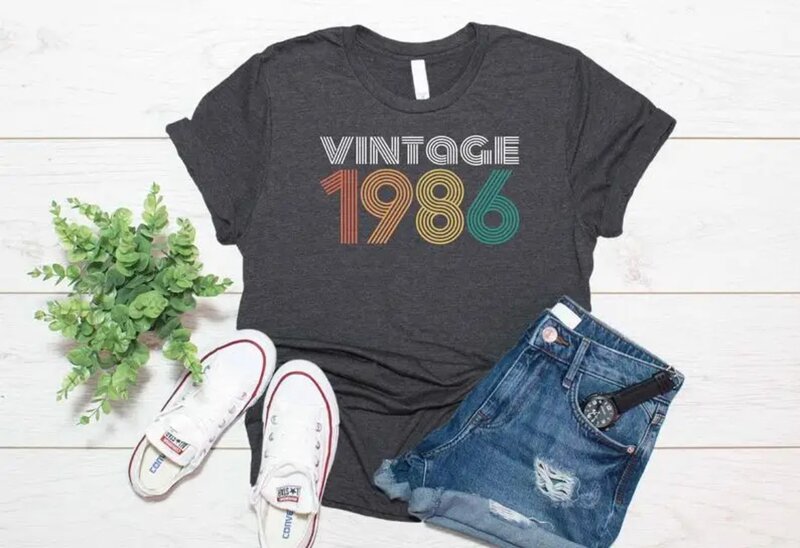 女性のためのヴィンテージコットンTシャツ,半袖パーティートップ,ラウンドネック,ユニセックス服,1986, 36番