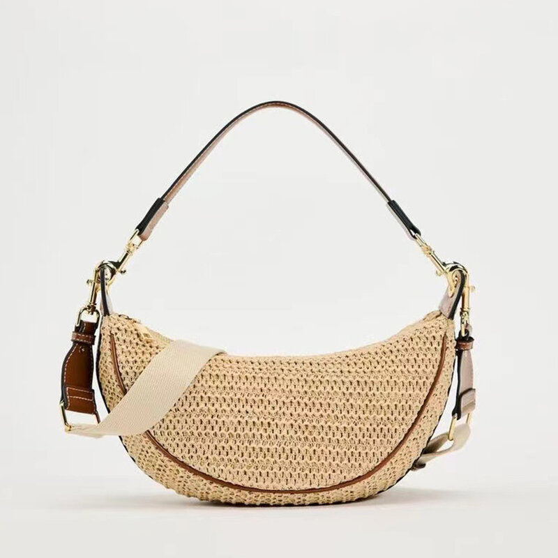 Borsa di paglia Hobo intrecciata alla moda borse da spiaggia da viaggio a mezza luna bohémien per borse da donna borsa a tracolla a tracolla fatta a mano di design