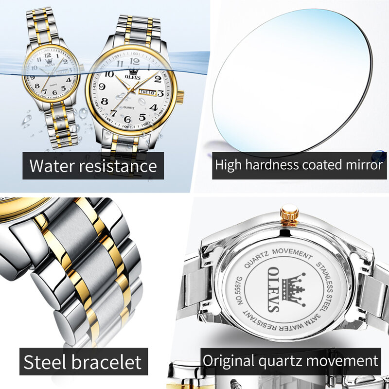 OLEVS-Conjunto de reloj de acero inoxidable para parejas, reloj de pulsera luminoso, resistente al agua, con fecha de semana, elegante, regalo para amantes