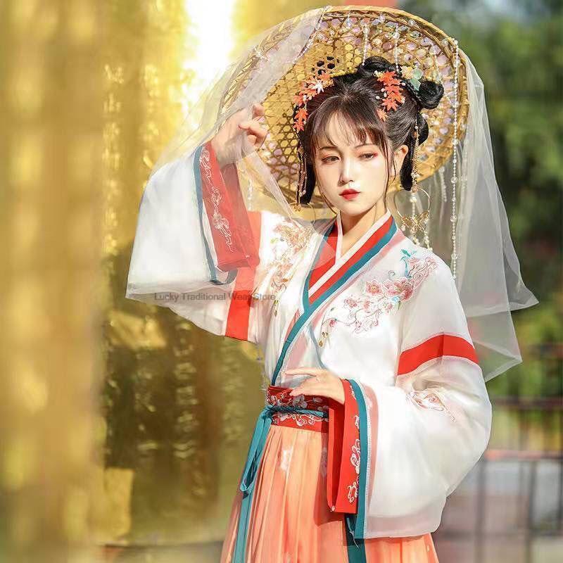 Gaun panjang peri cetak bunga Hanfu kerah silang wanita Dinasti Weijin tradisional Tiongkok kostum Hanfu dansa