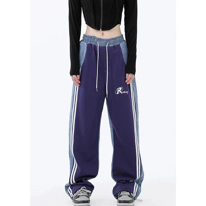 Spodnie sportowe w paski biegaczy spodnie dresowe Bf szerokie nogawki Streetwear Hip Hop kobiety wysokiej talii sznurek luźne proste spodnie