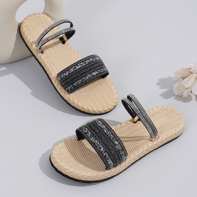Zapatillas de tacón plano de SandalsToe de cristal para Mujer, Zapatos cómodos, informales, Sexy, moda de verano, nuevo