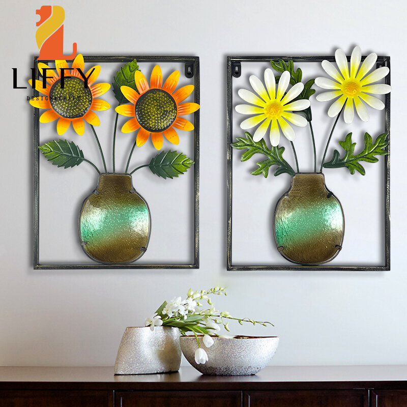 LIFFY 2Pack Metal Flowers Wall Decor Modern Metal Floral Wall Art Sculpture Sunflower Wall Decor for Indoor Living Room Bedroom