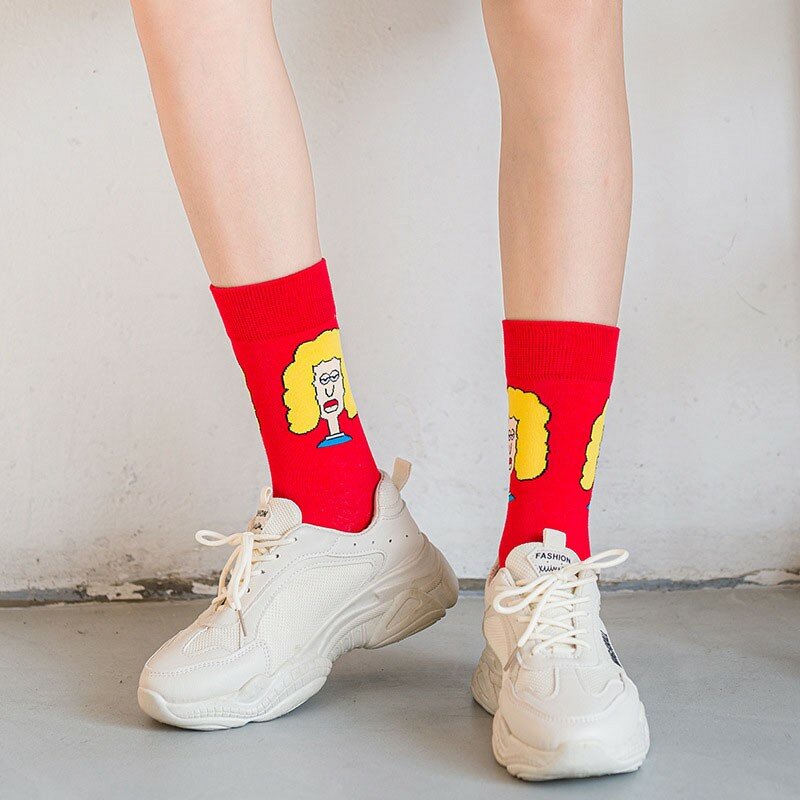 Kaus kaki wanita, kaus kaki kartun kepala cetak warna sesuai tren pakaian tahan lama seni jalanan olahraga dalam tabung katun K106