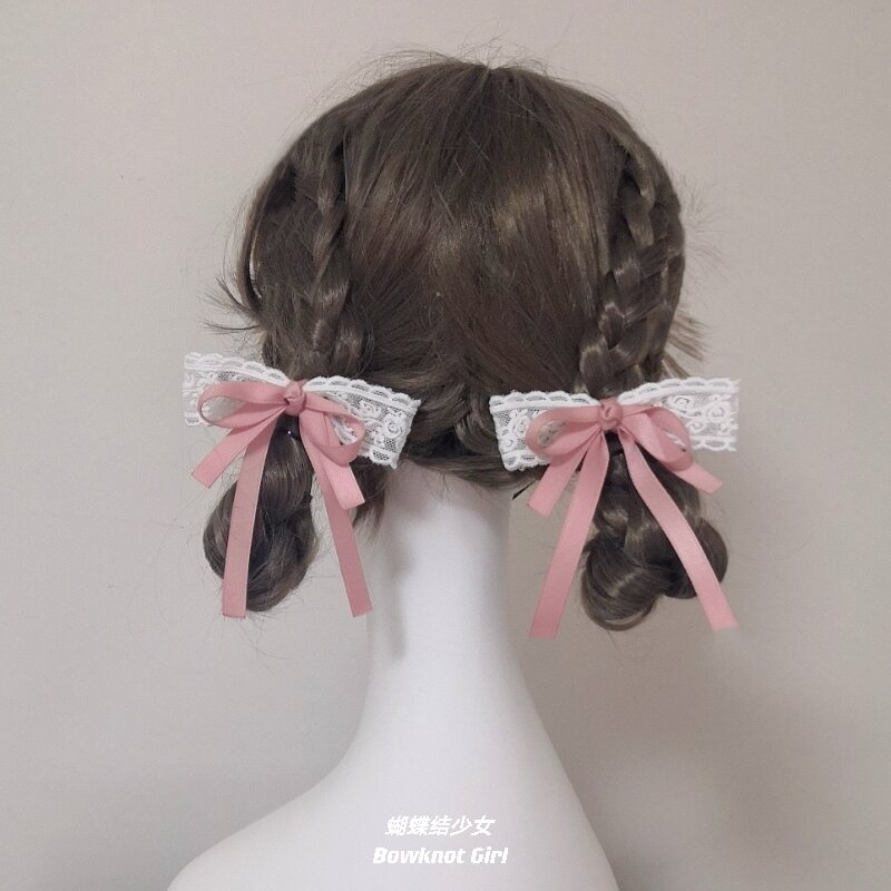 로리타 머리 장식 귀여운 더블 포니 테일 일본 활 리본 머리핀 로리타 헤어 액세서리 달콤한 소녀 머리 로프 로리타 액세서리