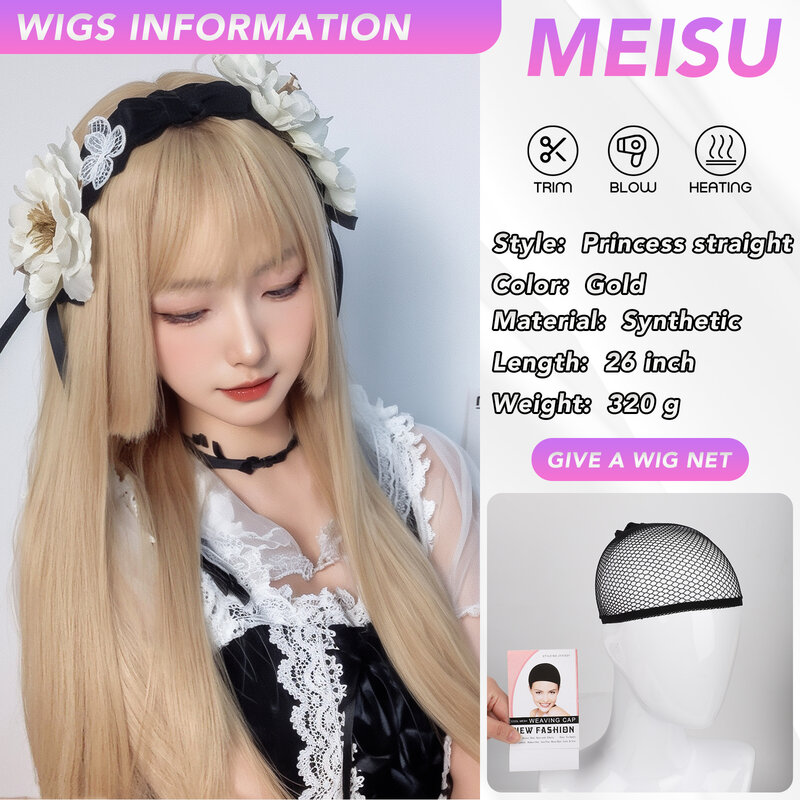 MEISU-peluca recta larga dorada para mujer, flequillo de princesa, fibra sintética resistente al calor, dulce y Natural, fiesta o Selfie, 26 pulgadas