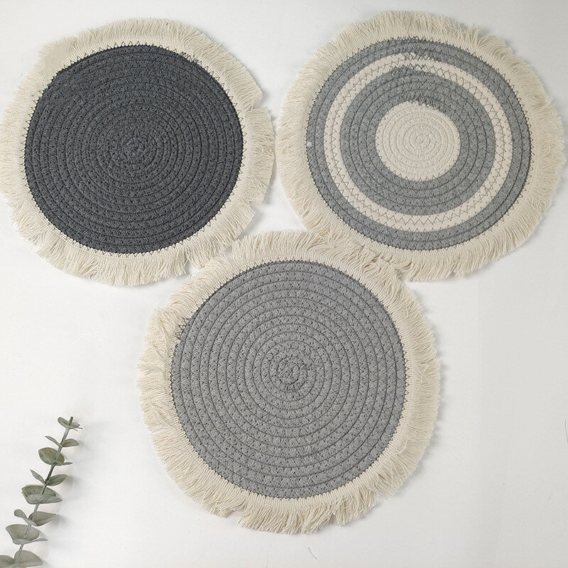 12" New Creative Home Dining Table Mat Handmade Woven Cotton Rope Tassel Western Food Mat  Kitchen Table Decoration Accessories