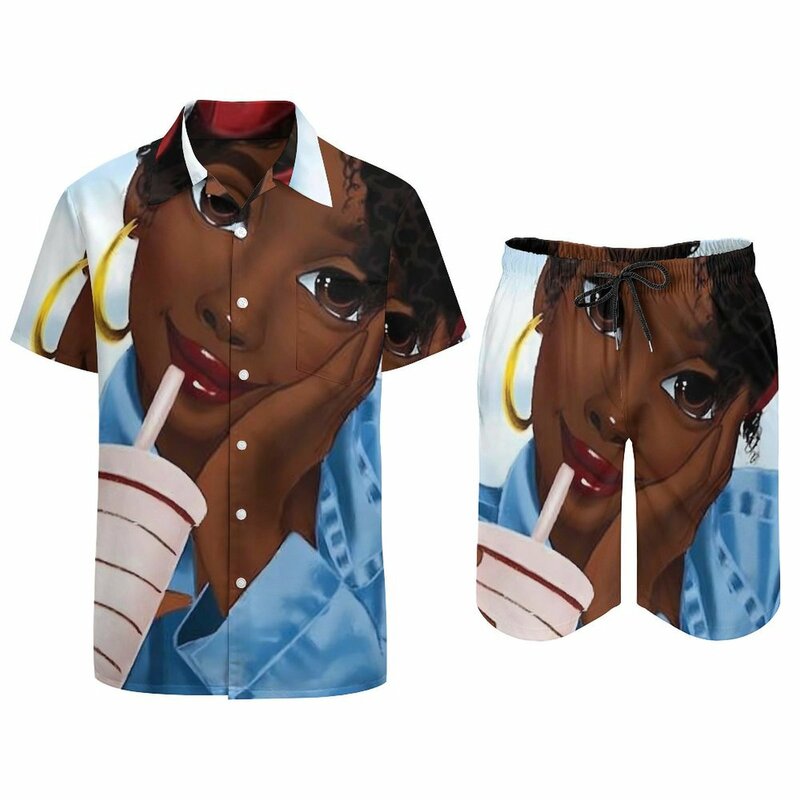 Urocze damskie zestawy dla mężczyzn ładne dziewczyna z Afro wygodne szorty letnie hawajskie koszula plażowa zestaw z krótkim rękawem wzór oversize garnitur prezent