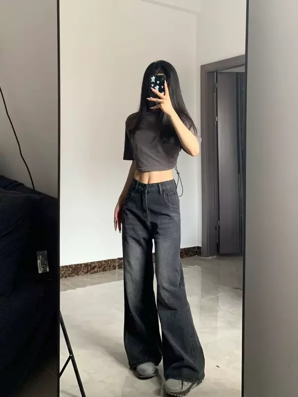 HOUZHOU Vintage czarne dżinsy kobiety z wysokim stanem Grunge Y2k 90s Streetwear workowate, na co dzień koreańskie, proste sprane dżinsy spodnie