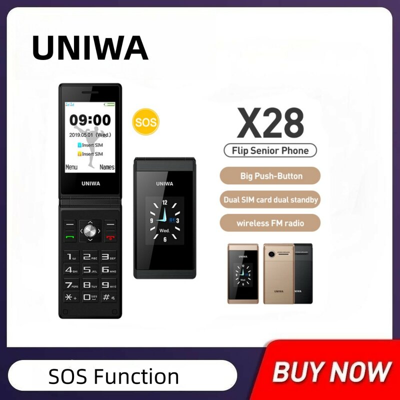 UNIWA 플립 모바일 시니어 휴대폰, 큰 푸시 단추 듀얼 SIM FM, 러시아어 히브리어 키보드, 필기 SOS 휴대폰, 1200mAh GSM, X28, 10CP