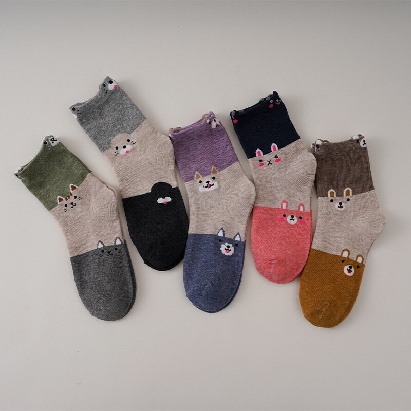 Calcetines con patrones de gato y perro para mujer, calcetines de algodón para mujer, rayas casuales, calcetines de longitud media