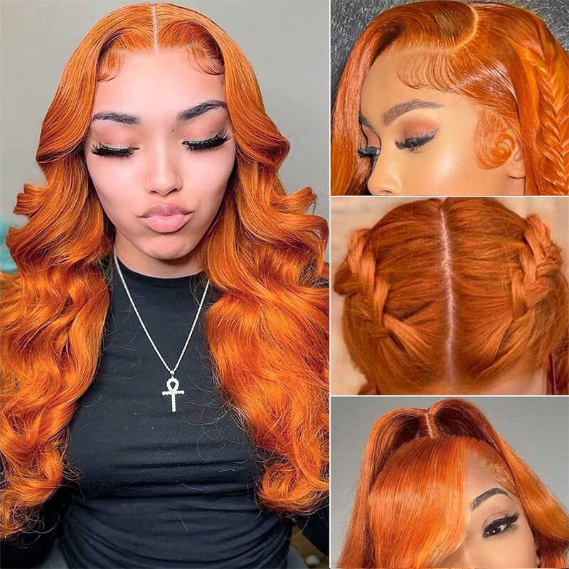Peluca de cabello humano con encaje Frontal, pelo sin pegamento, Color naranja jengibre, 4x4, 13x6