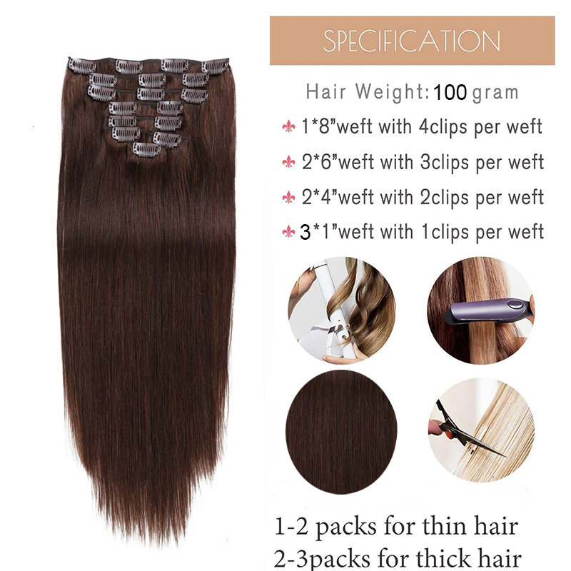 Straight Clip in Hair Extensions Human Hair 8PCS/Set with 17Clips Double Weft Clip in Human Hair Extensions Dark Brown #2