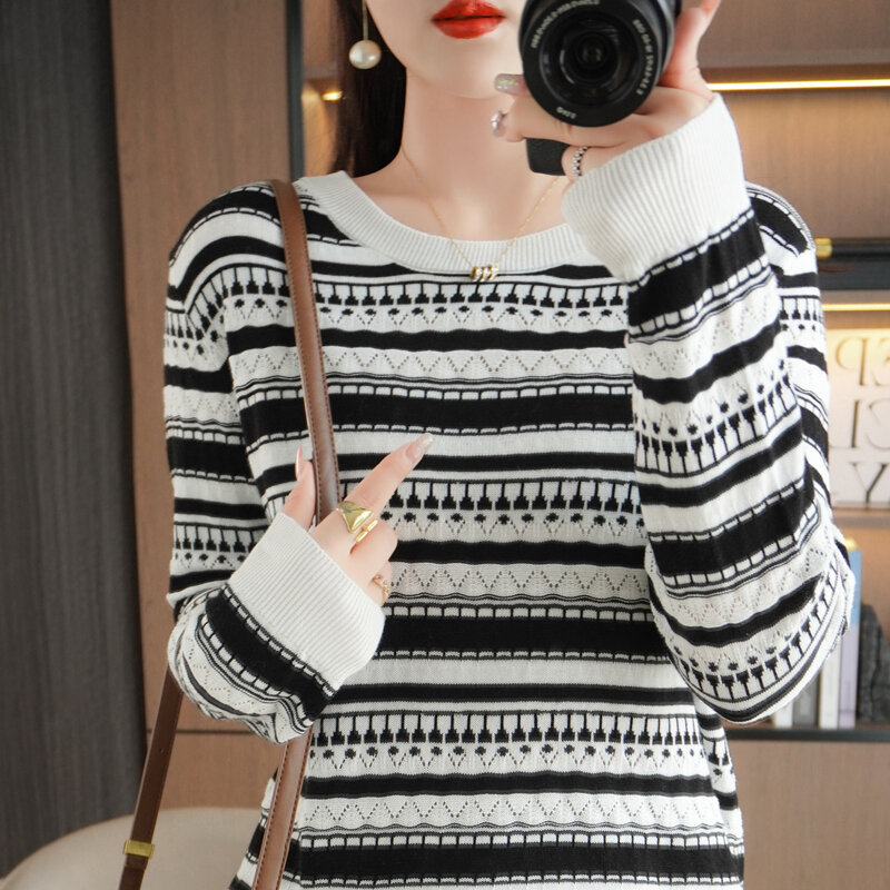 Women's Pullover Spring/Autumn 100% Cotton Sweater Casual Striped Knitwear Ladies Tops Round Neck Loose Blouse Hollow