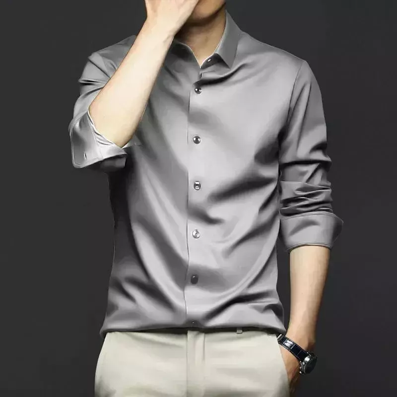 Camisa cinza de manga comprida masculina, justa, blusa casual, sem engomar, vestido de negócios, vestido de trabalho, extra grande, S-6XL