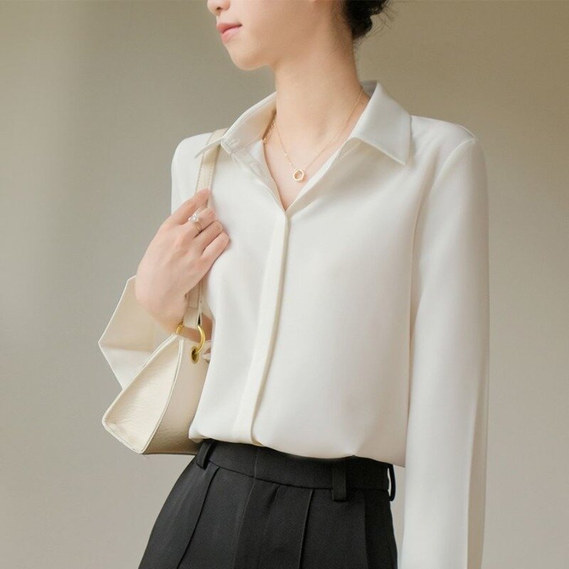 Kemeja lengan panjang wanita, baju kantor sastra semua Cocok musim gugur gaya Korea temperamen Solid dewasa baru