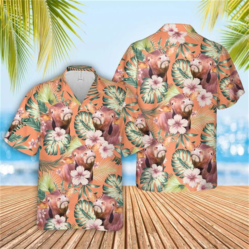 Летние пляжные рубашки с 3D принтом гавайской коровы, Алоха, животные, короткий рукав, отпуск, женская блузка с лацканами, модные пуговицы, Y2k топы, рубашка