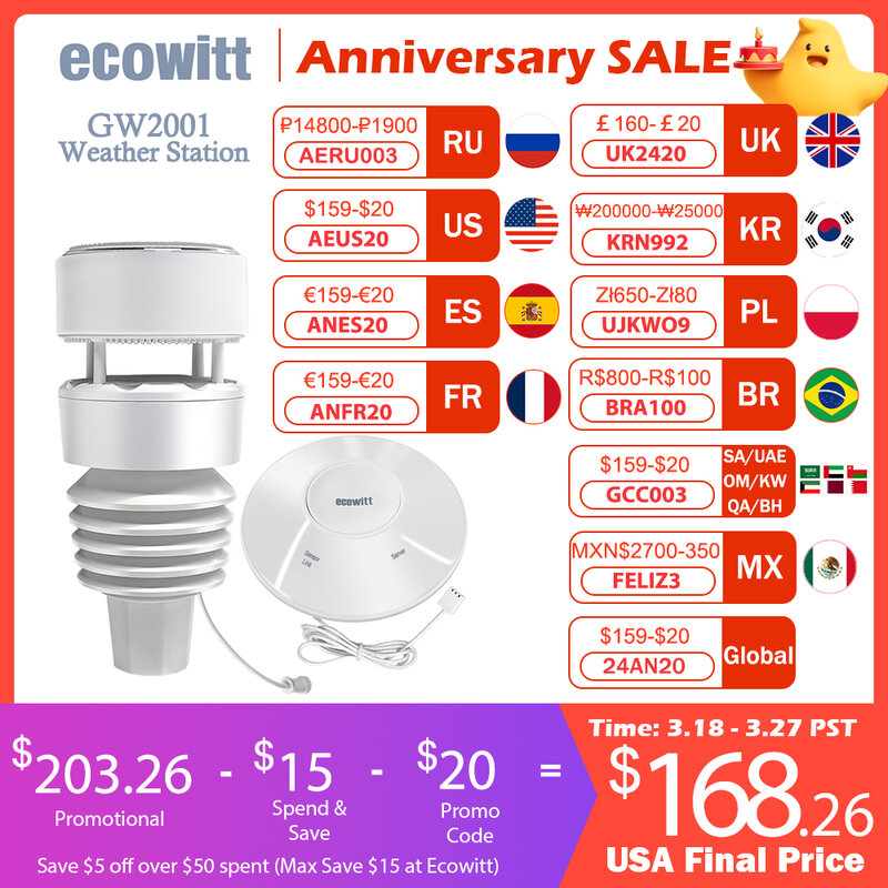 Ecowitt GW2001 Wittboy Weerstation, omvat GW2000 Wifi Gateway En WS90 7-In-1 Outdoor Zonne-energie Weer Sensor