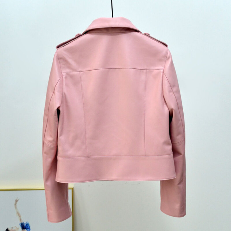 Skórzana kurtka damska 2024 zima Feminino 100% Nappa motocyklowy puder imbirowy płaszcz Streetwear Mujer koreańska moda krótkie ubrania