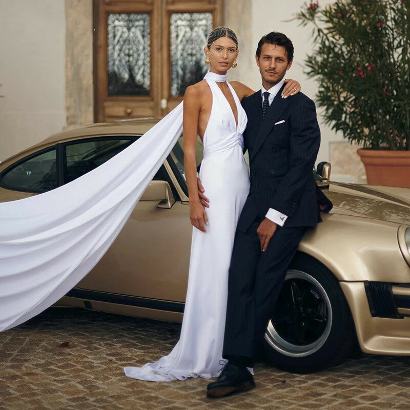 Gaun pernikahan panjang klasik seksi V-Neck dalam gaun pengantin untuk wanita tanpa lengan sederhana Backless menyapu gaun Kereta Vestido 2024