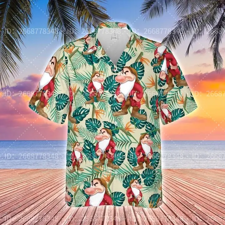Disney hawajskie koszule zrzędliwy karzeł śnieżnobiały hawajskie koszule Disney moda plażowa koszulka z krótkim rękawkiem Retro Casual koszula z guzikami