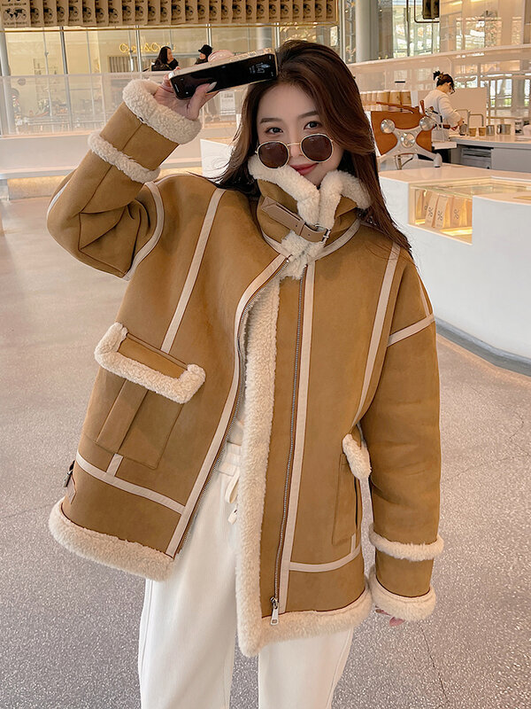 Casaco coreano de lã de cordeiro para mulheres, casaco grosso quente, casaco solto de lã de motocicleta, novo 2023
