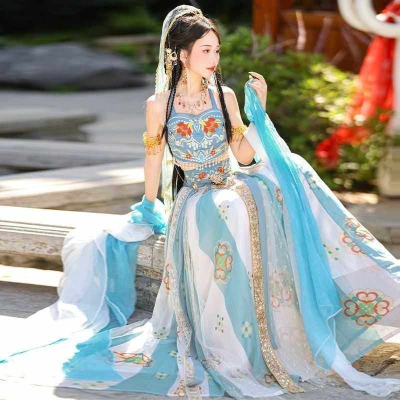 Robe de Fée Hanfu Bleue de Style Chinois Traditionnel pour Femme, Imprimée et Teintée, de Haute Qualité, pour Activité Quotidienne