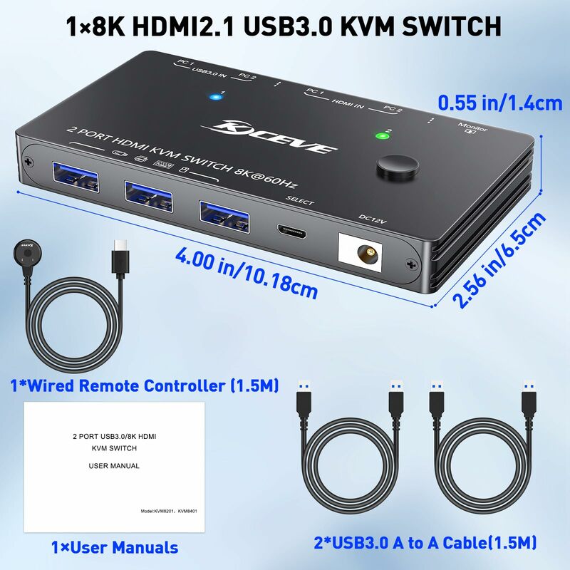 USB 3.0 KVM Switch com HDMI, 8K @ 60Hz, 3 USB3.0 para 2 Computadores, Compartilhando 1 Monitor, Monitor, Teclado, Mouse