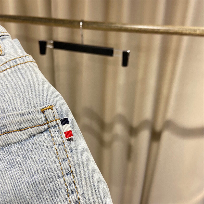 Tb Thom Hoge-Kwaliteit Mode Katoen Patch Applique Gewassen Gerafeld Gat Geschilderd Denim Jeans Voor Mannen Vrouwen Broek Plus size