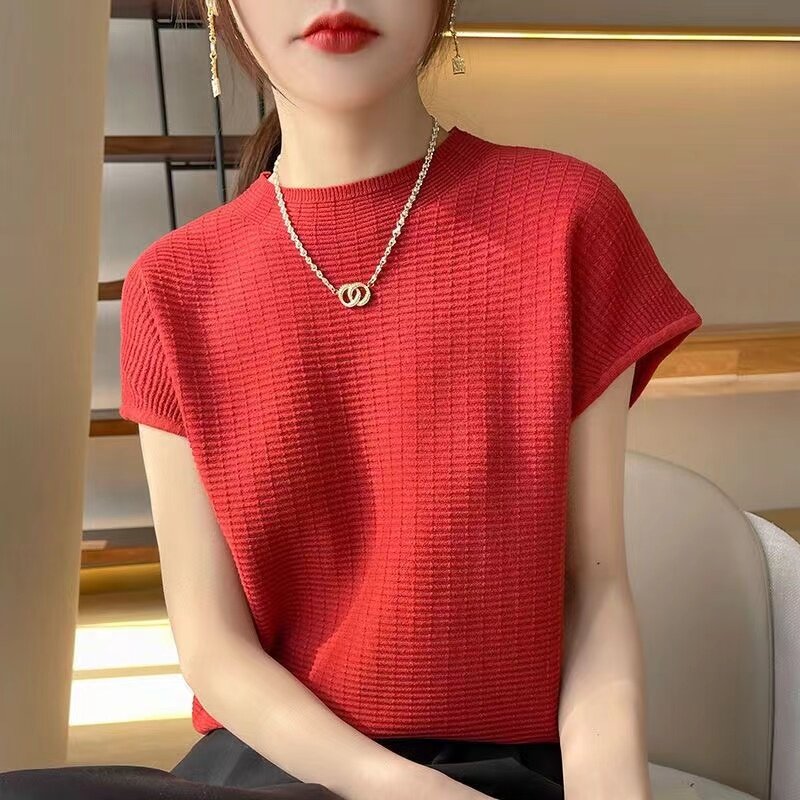 Spring Summer Knitwear Short Sleeved Thin Solid Color Fashion T-shirt Versatile Pullover Knitted Sweater New 2024 Female Top