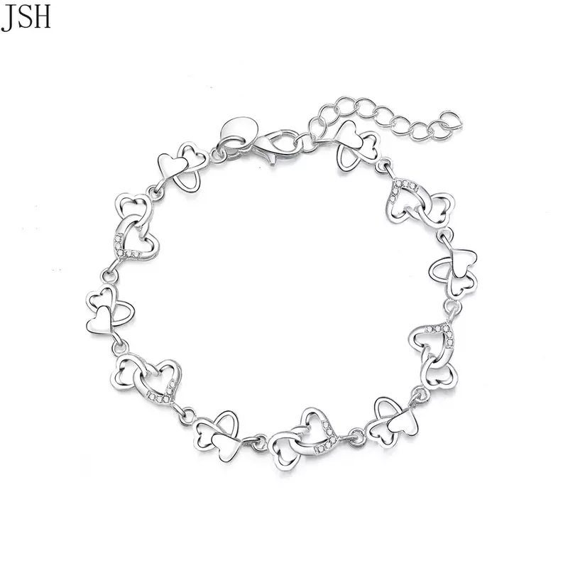 Beautiful gorgeous women bracelet HEART lovely Crystal chain fashion Wedding Party Silver Plated cute lady  jewelry LH007
