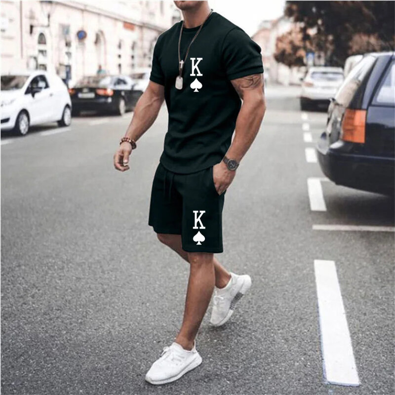 Conjunto de camiseta e shorts com impressão digital letra K masculino, roupas casuais diárias de verão, moda, Y2K, 2 peças