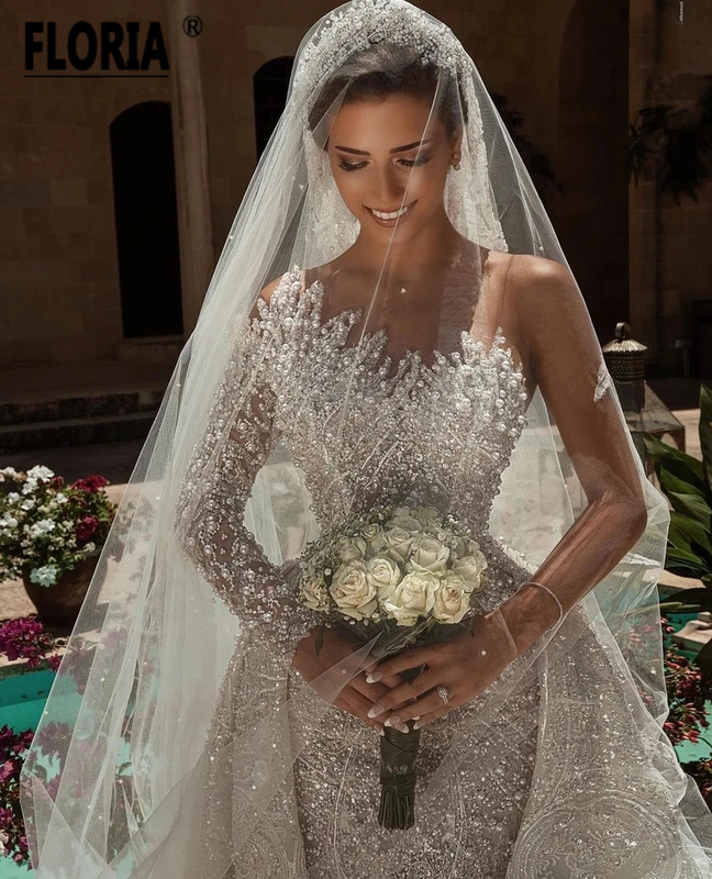 Vestido De Novia Exquisite Major Pearls One Shoulder Wedding Dresses Lace Appliques Dubai Bridal Gown with Detachable Train