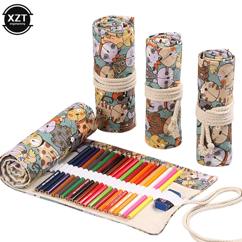 Bolsa de lona de algodón con dibujos animados de gato, bolsa de almacenamiento de lápices de gran capacidad con 12/24/36/48/72/108 agujeros, suministros escolares
