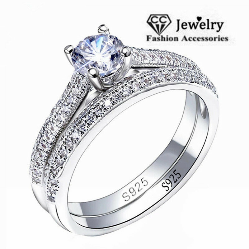 CC anillos para mujer, Color plateado, doble joyería apilable, conjuntos nupciales, anillo de compromiso de boda, accesorio CC634