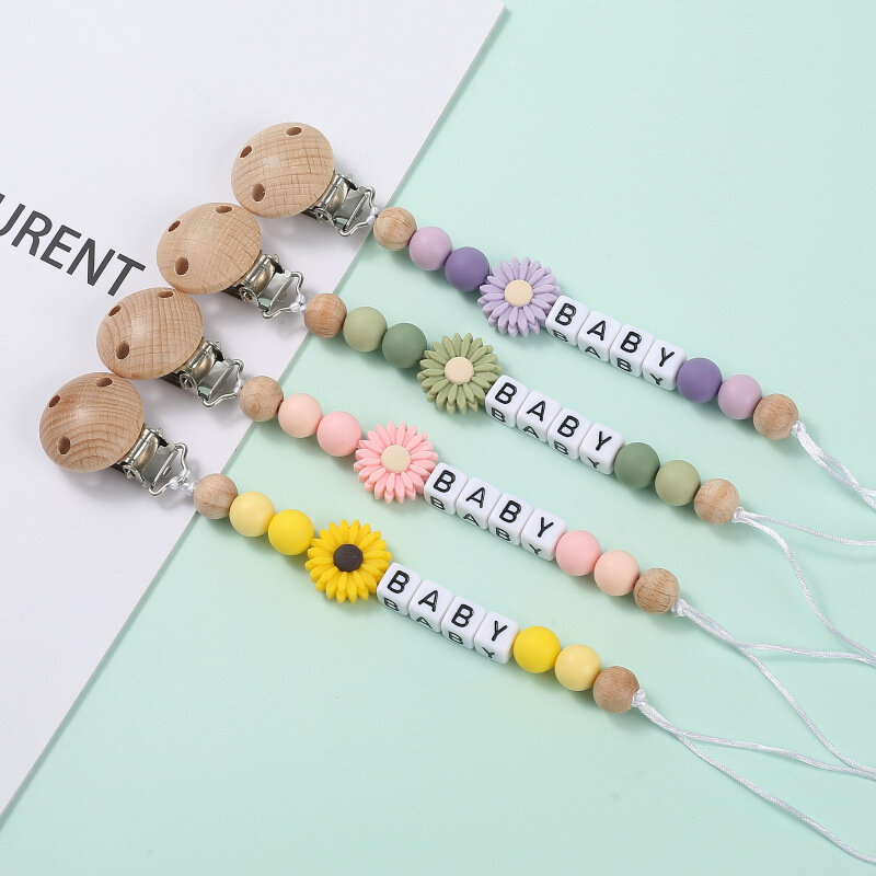 Nome personalizzato crisantemo ciondolo in Silicone clip per ciuccio catene porta capezzolo fittizio neonato catena giocattoli per la dentizione regalo da masticare