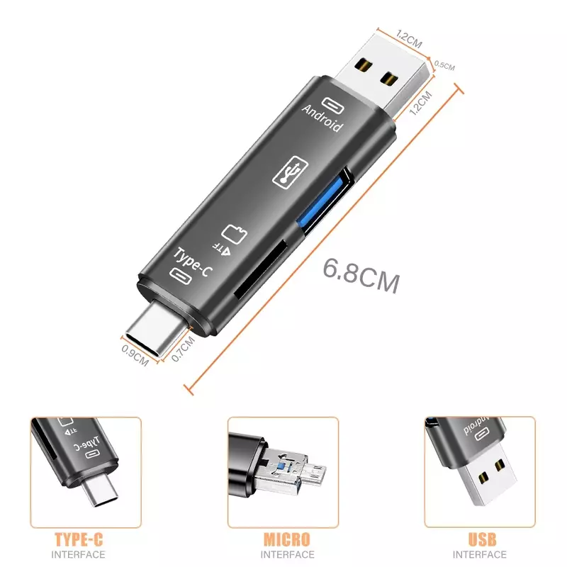 Lecteur de carte multifonction 5-en-1 Noir de stockage externe commandé pour Memory Stick TYPE-C USB 3.0 Mini lecteur de carte mémoire
