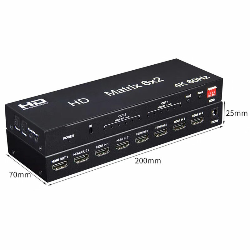 Commutateur matriciel HD 4K 6x2 60Hz, répartiteur de commutateur 6 en 2 sorties avec optique R/L, extracteur audio vidéo pour convertisseur compatible HDMI