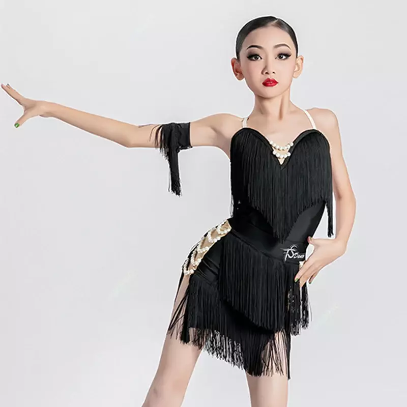 New Girls' Latin Dance Dress Summer Children Latin Practice Wear Black Fringe Dress Competition Suit Samba Cha Cha Costume