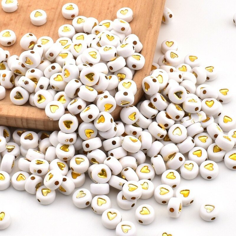 50pcs/lot 7*4*1mm DIY Handmade beading Acrylic beads Round white background gold love beads for jewelry making