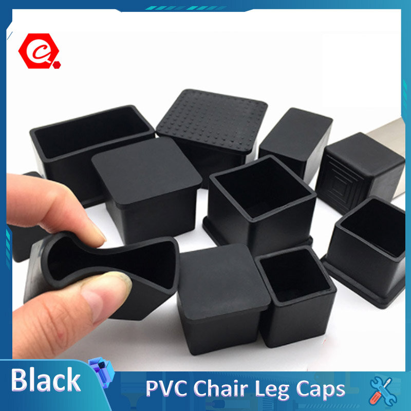 Quadrado preto PVC Cadeira de Borracha Leg Caps, antiderrapante Tabela Pé Poeira Cobertura Meias, Pavimento Protector Pads, Plugs de tubulação, 2 pcs, 4 pcs, 8pcs