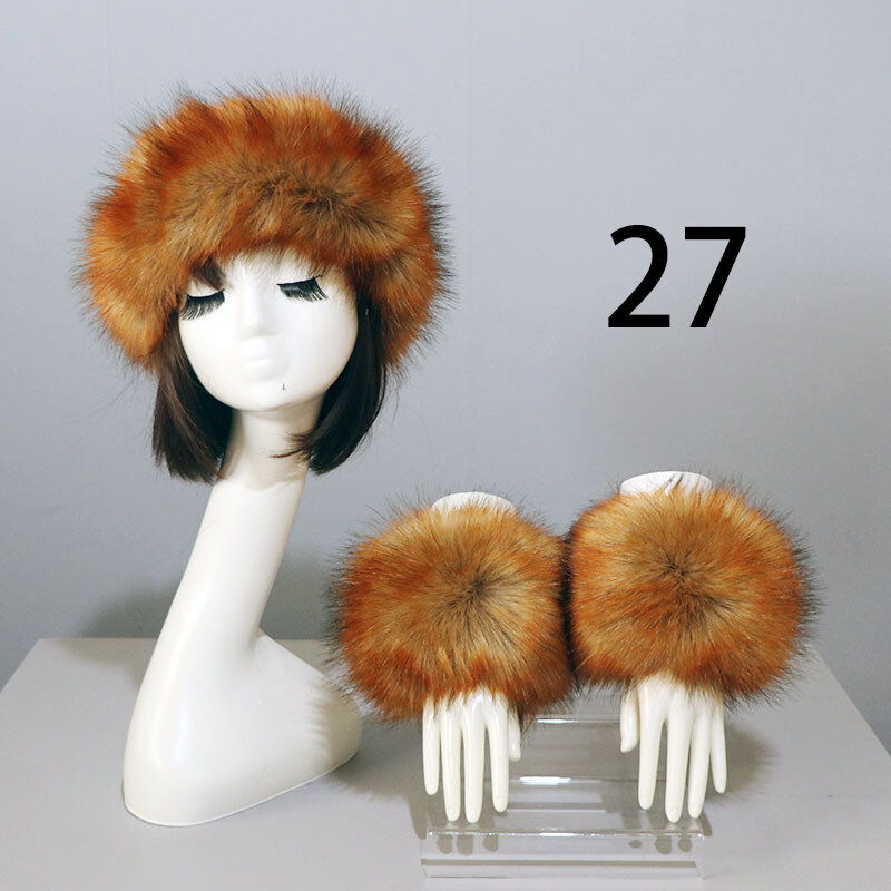 3PC Russian Warm Plush Fur Cap + Clothing Cuffs Wrist Sleeve Gloves Women Winter Faux Fur Headband Hats Cuffs Set Fluffy Fur Cap