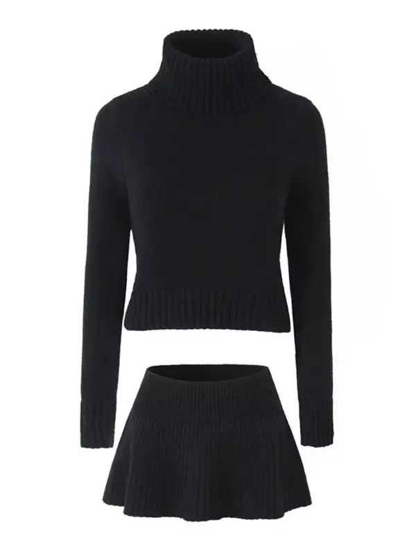 Conjunto de suéter de punto para mujer, minifalda de 2 piezas, Top de manga larga con cuello alto, Falda corta acampanada, ropa de calle de otoño