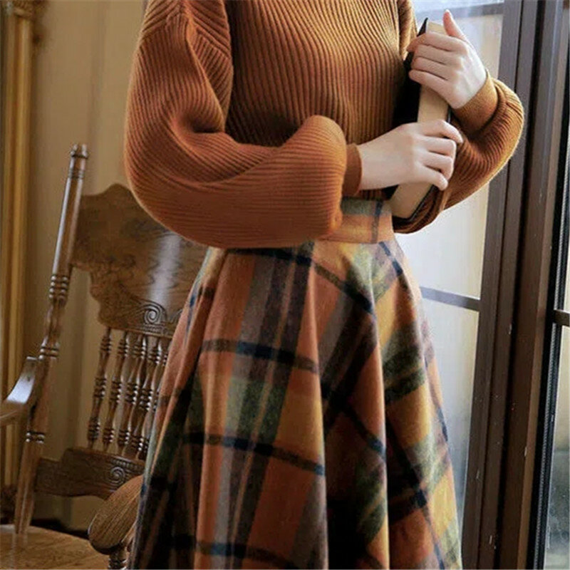 Vintage Two Piece Set Women Knitting Korean Elegant Conjunto Femenino Solid Sweater+plaid Long Skirt Autumn Winter 2023 Clothing