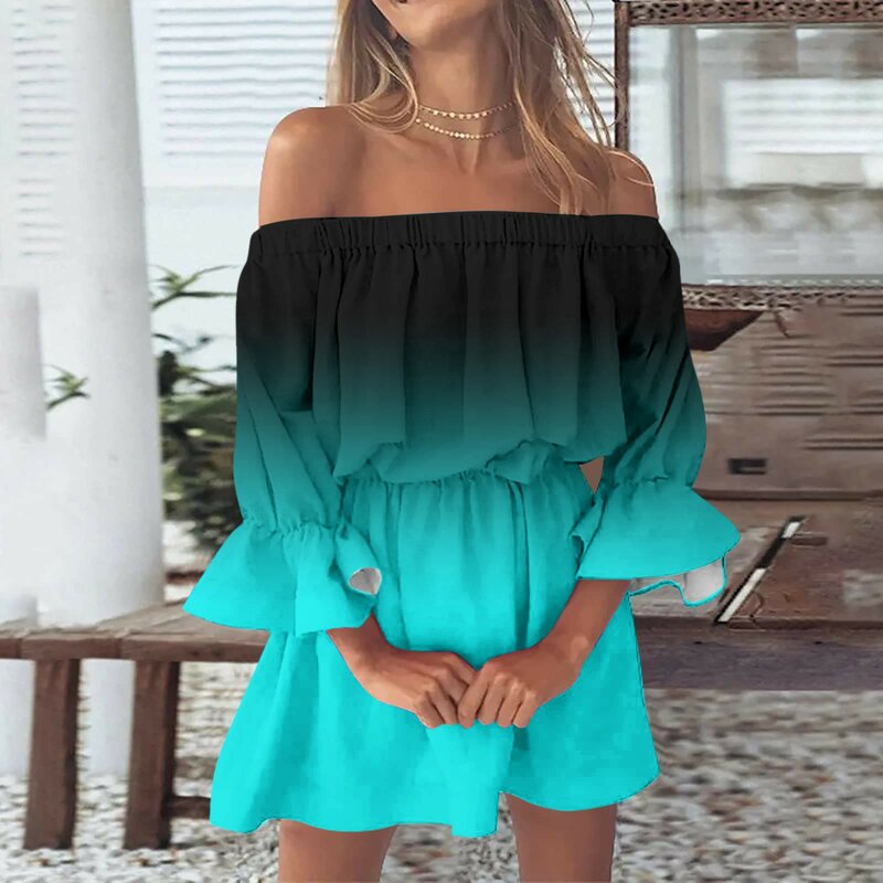 Fashion Off Shoulder Sundress Dresses Women Loose Gradient Print Boho Dress Bell Sleeve Beach Mini Dress Mid Sleeve Vestido