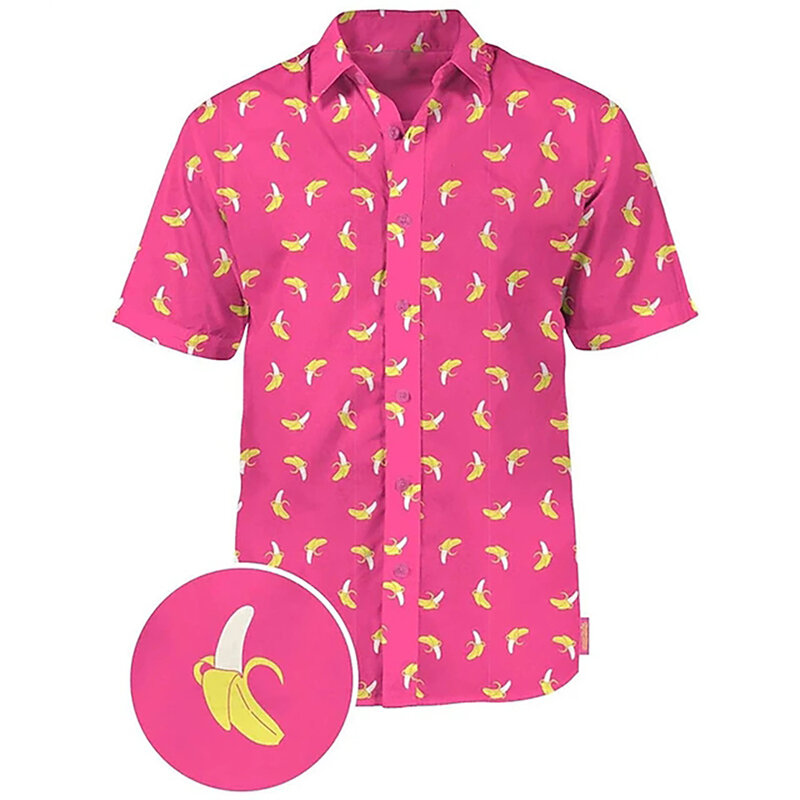 Мужская гавайская рубашка на пуговицах, белая, розовая, синяя, зеленая рубашка с 3D-принтом фруктов, кактусов, банановых лацканов, для лета