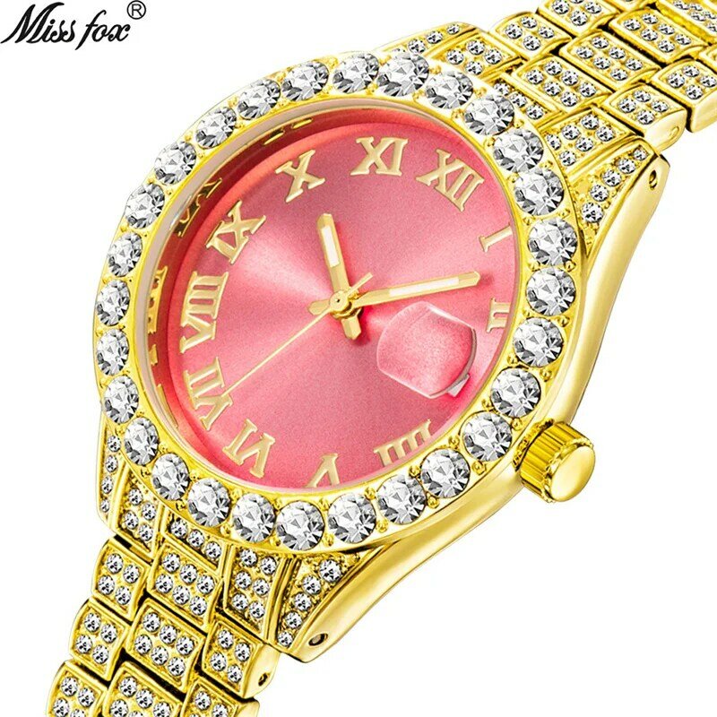 Iced Out Horloge Vrouwen Mode Romeinse Schaal Roze Wijzerplaat Luxe Diamant Kalender Waterdichte Quartz Horloge Voor Vrouw Gift Drop Shipping